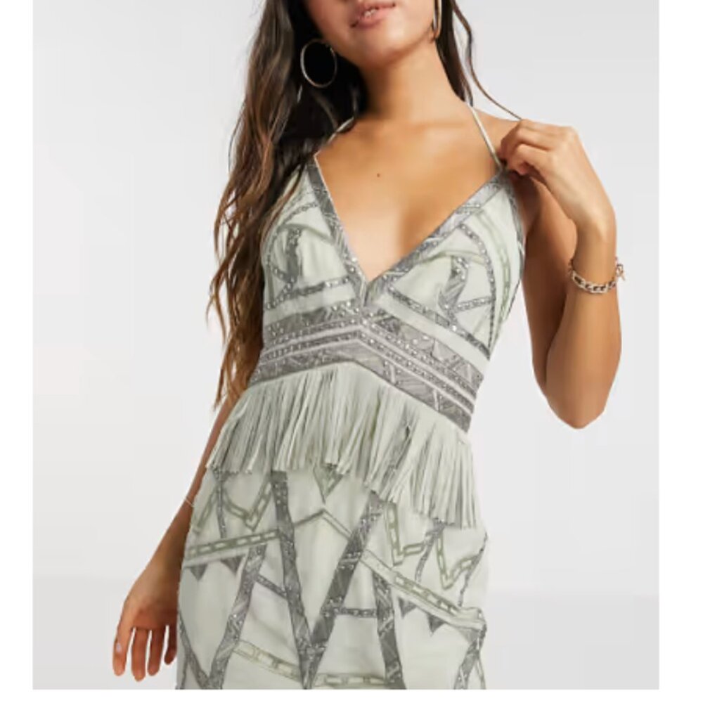 STUDDED LIGHT GREEN FRINGE DRESS